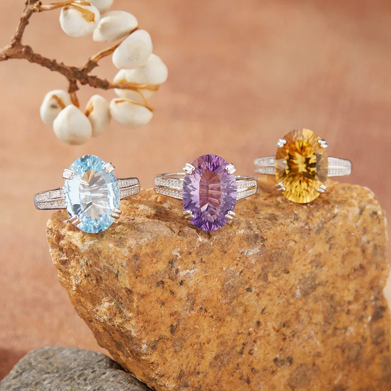 

s925Pure Silver Hot-Selling Gemstone Jewelry Natural Citrine Amethyst Topaz Ring for Women Millennium Cut