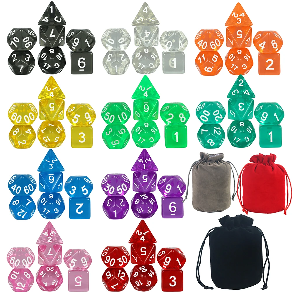 

High Quality 70 Piece Colorful Transparent Dice Set ,with Drawstring Velvet Bag for TRPG DNDGame Board Game Accessories