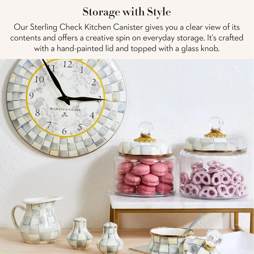 علبة مطبخ زجاجية مزخرفة باللونين الرمادي والأبيض مع غطاء، وعاء تخزين صغير بنمط فحص الاسترليني #2