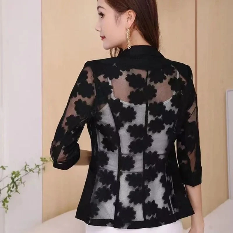 2024 Summer Women Thin Cardigan Sun Protection Clothing Hollow Lace Slim Shawl Office Ladies Work Wear Women Blazers And Jacket