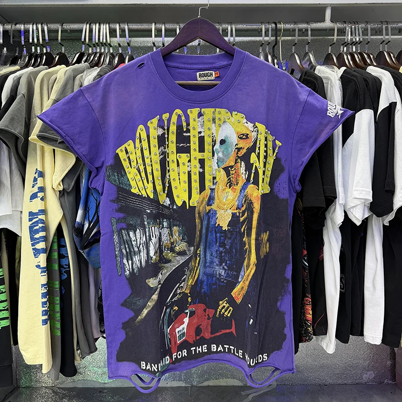 2026SS Rough Play Men's T Shirt Purple Washed Distressed Figure Rhinestone Letter Print Oversized Short Sleeve Tee