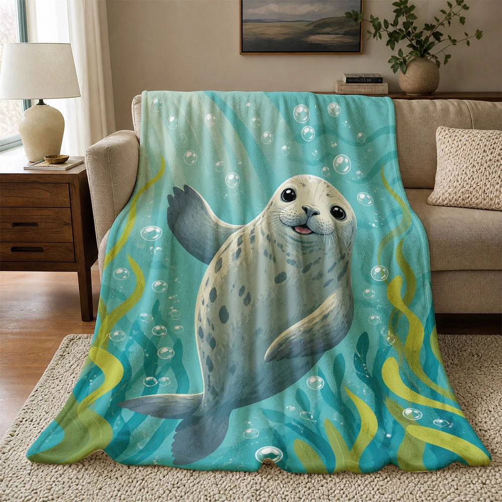 Whimsical Seal Underwater Scene Throw Blanket - Ocean Life Coastal Decor Accent