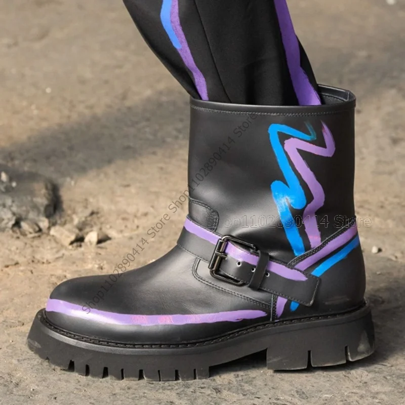 Gemischte Farbe Schnalle Dekor Graffiti Männer Stiefel Mode Slip auf Männer Freizeit schuhe Roman handgemachte Party Fest Bankett Männer Kleid Schuhe