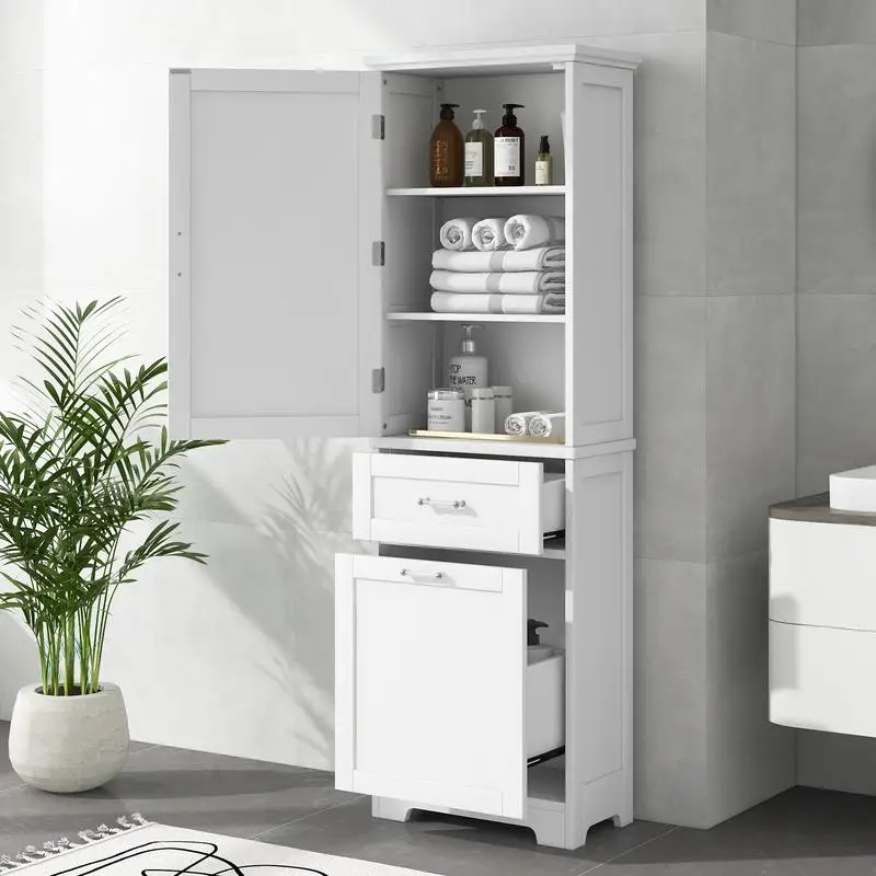 

Freestanding Tall Bathroom Storage Cabinet with Adjustable Shelf and Two Drawer Sizes, MDF Board with White Finish