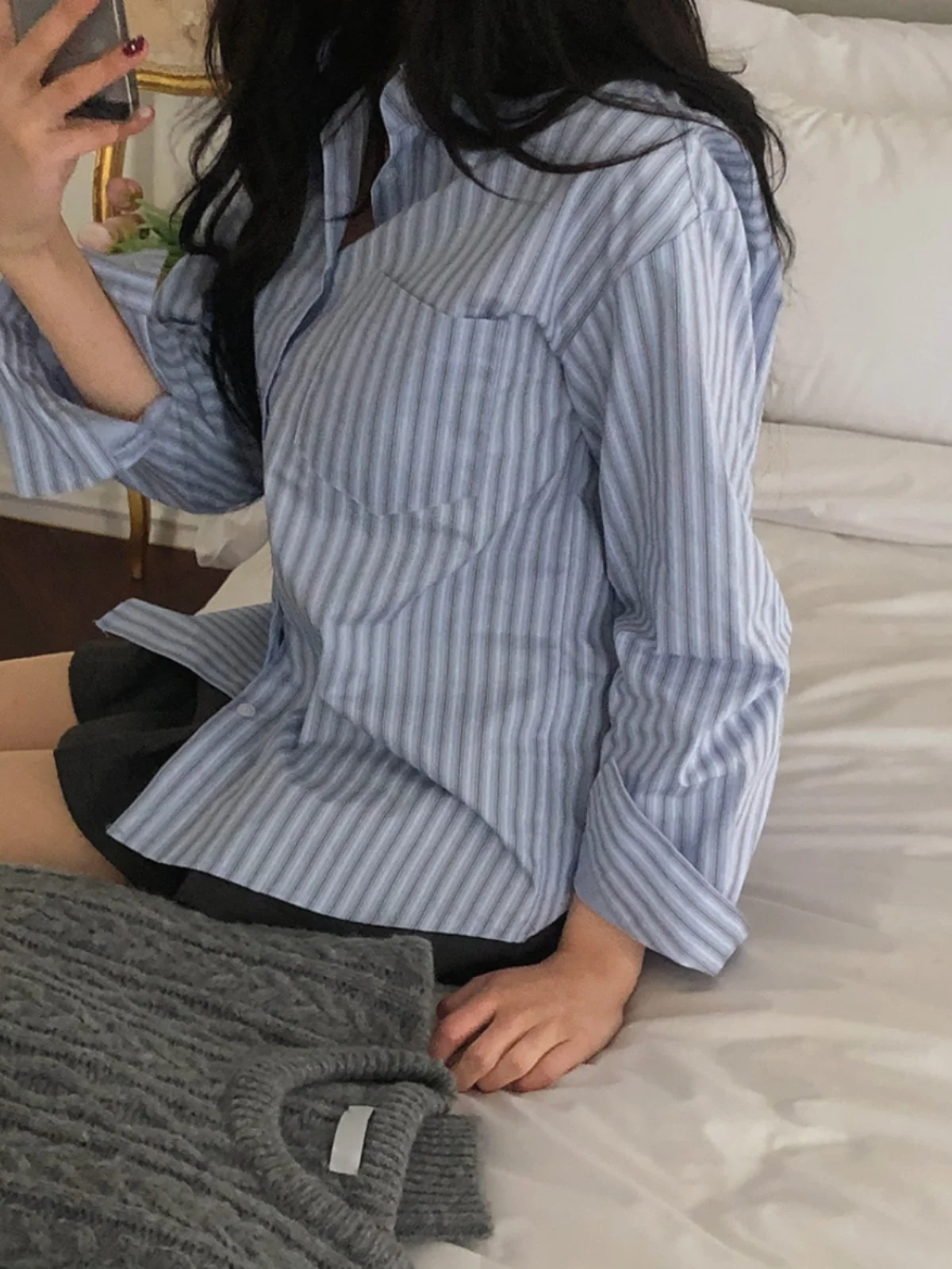 Spring Stripe irt Women's Chic New Retro Turn-down Collar Single Button Sweet Top Korean Sle Loose Fit Long Sve  C...