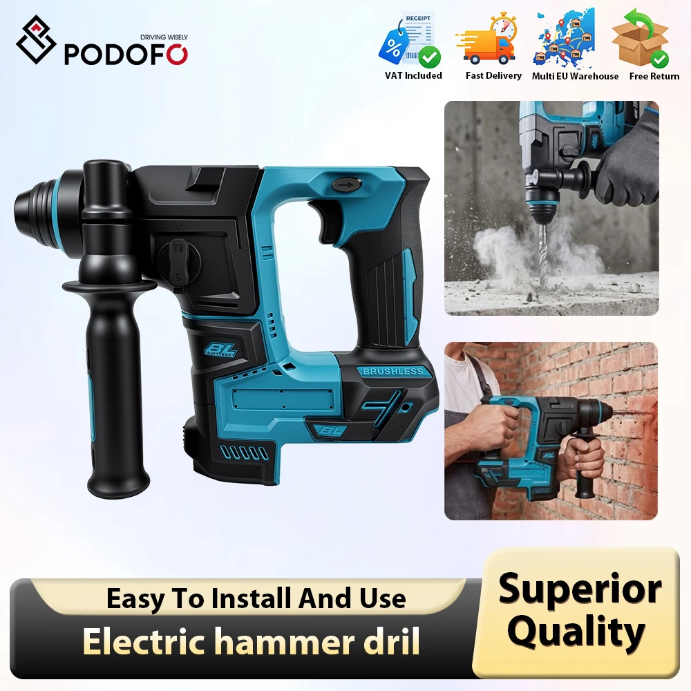 Podofo 1200W perceuse à percussion rotative sans fil sans brosse 2600 tr/min outil de forage de marteau multifonction rotatif avec 360 °   Poignée