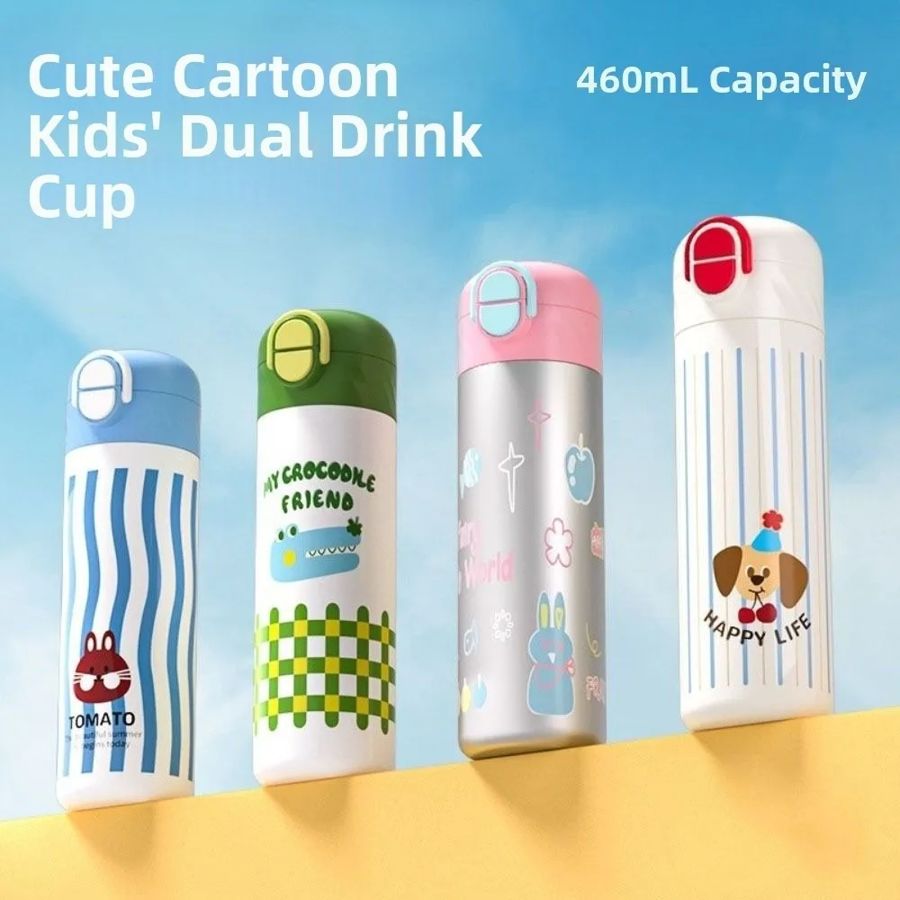 460ml Cartoon Insulation Cup With Straw Leak-Proof Vacuum Flask 316 Stainless Steel Double Drink Thermos Water Bottle Kid