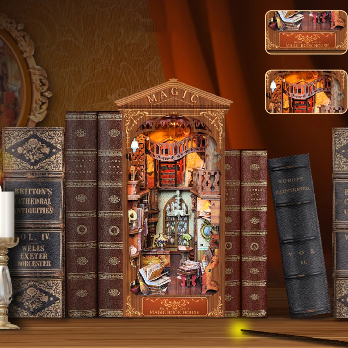 DIY Wooden Book Nook 3D Puzzle Miniature Doll House Kit With Touch Light World Bookshelf Assembly Bookend Eternal Bookstore 2023