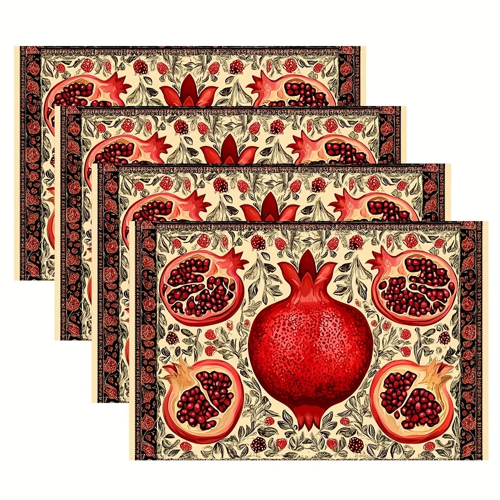 

Набор из 4 льняных ковриков для стола в персидском стиле с гранатовым дизайном, прямоугольные салфетки 12x18 дюймов, которые можно стирать в машине, для столовой