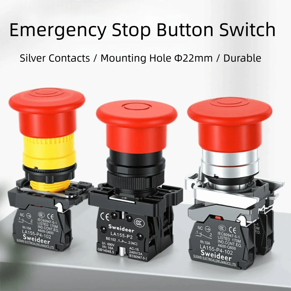 22mm Mounting Emergency Stop Button Switch 1NC 1NO Self-Locking Push ...