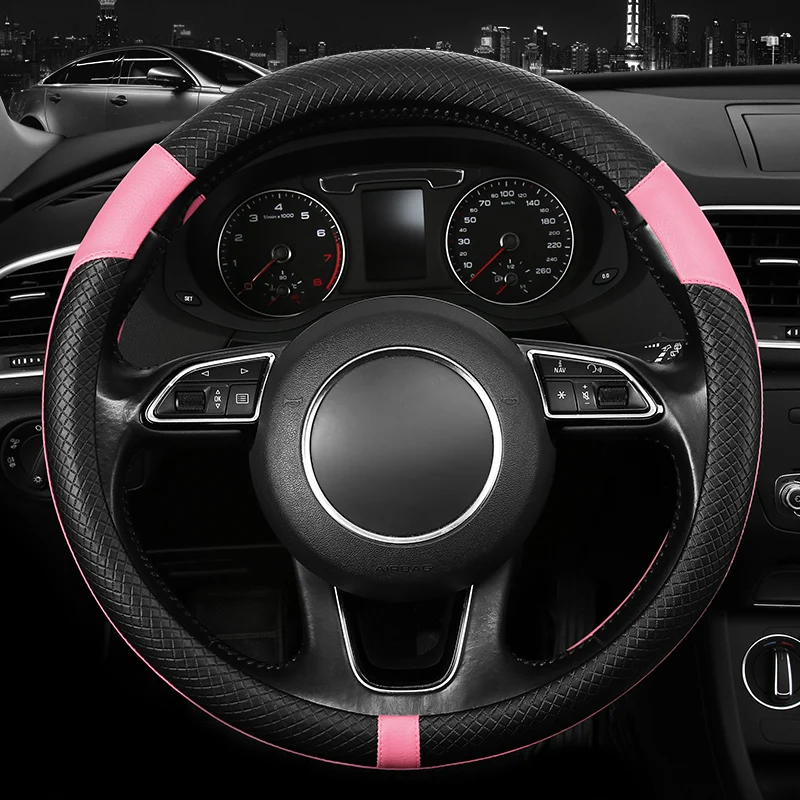 PU Leather Spliced Car Steering Wheel Cover Breathable Non-slip Four Seasons Universal Suitable for 38cm/15-inch Steering Wheel