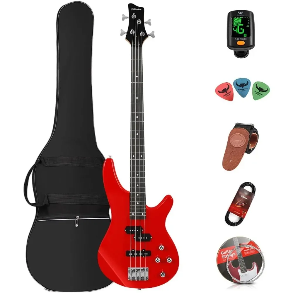 Juego de guitarra eléctrica de 4 cuerdas, tamaño completo, principiantes con funda, correa de guitarra y cable guitarra (rojo)