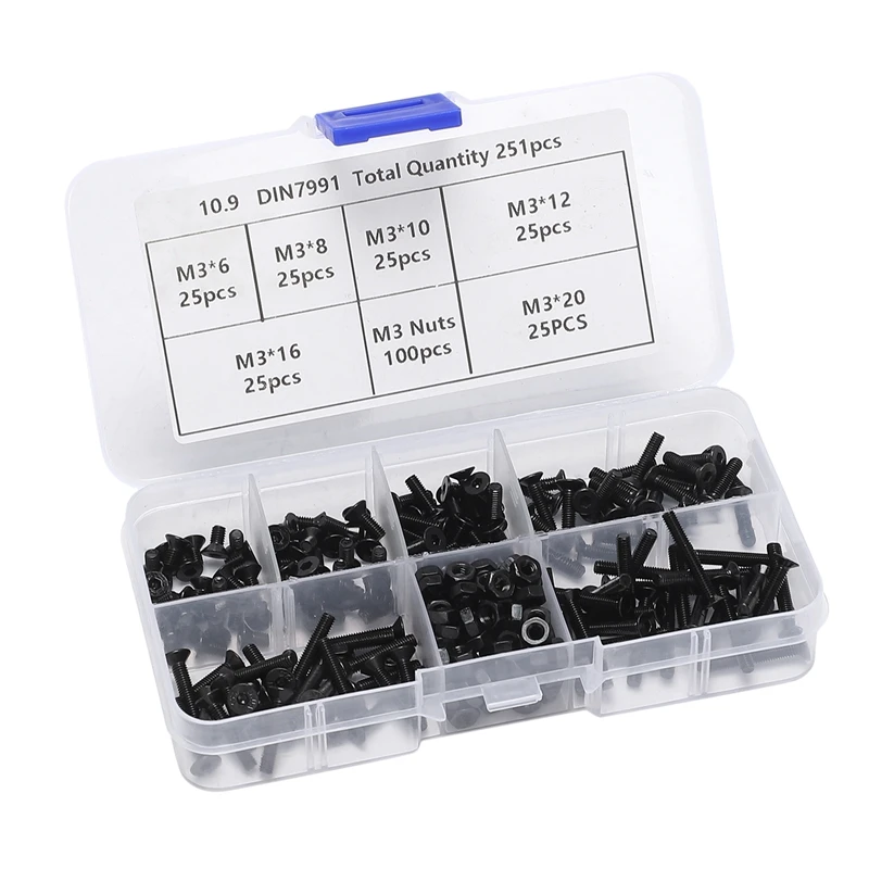 251 Pcs Hex Socket Screw Nuts M3 Carbon Steel Full Thread Screws Bolt Assortment Kit, Cap Head / Sink Head / Flat Head