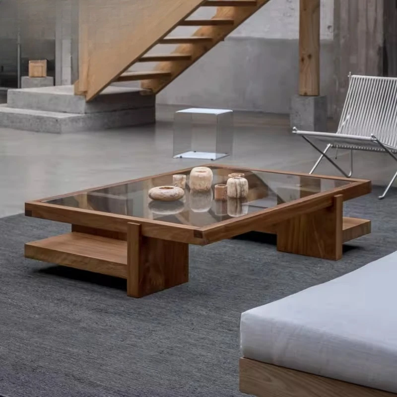 

Minimalist solid wood glass coffee table living room household medieval small tea table
