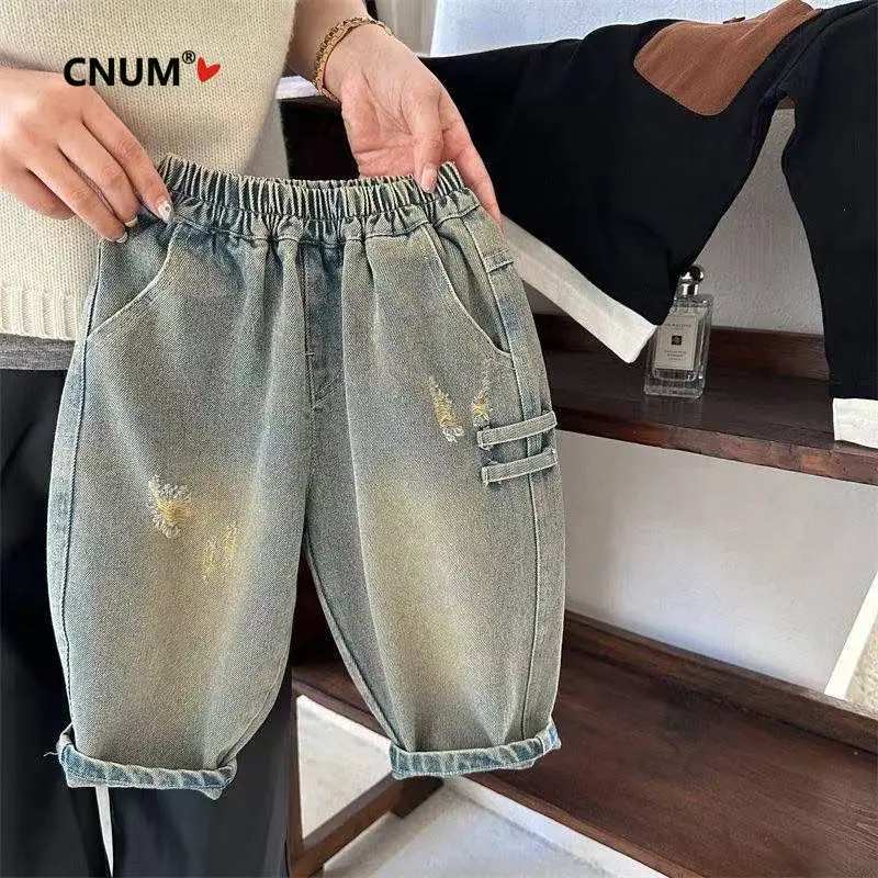Children's Wide-leg Jeans Spring New Unisex Distressed Ripped Denim Pants Baby Casual Trousers Trendy Bottoms