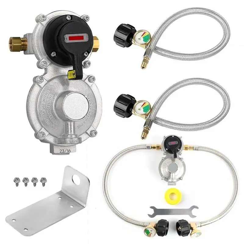 M45K-RV Propane Regulator With Hose, Heavy Duty 2-Tank Auto Changeover LP Propane Gas Regulator With Gauge