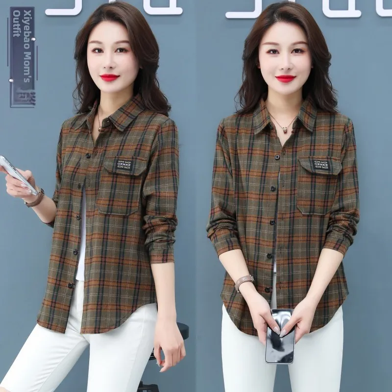 

Trendy Mommy Plaid Shirt Fleece-Like Casual Women's Long Sleeve Button-Up Autumn Outerwear Polyester Fiber Collar Loose Fit