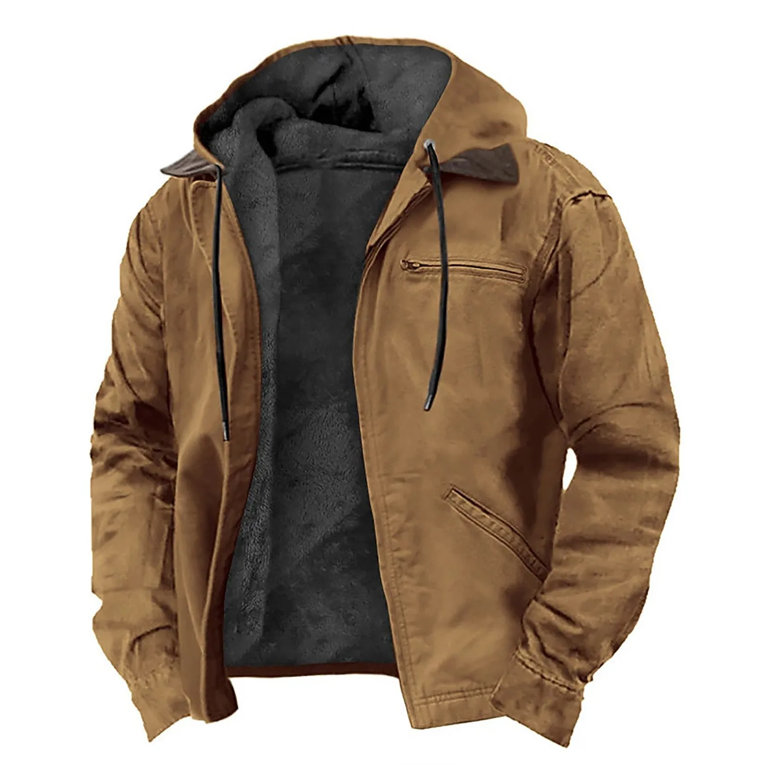 

Europe And The United States Winter Jackets Mens Solid Color Warm Fleece Hooded Coats Zip Up Drawstring Long Sleeve Jacket Men