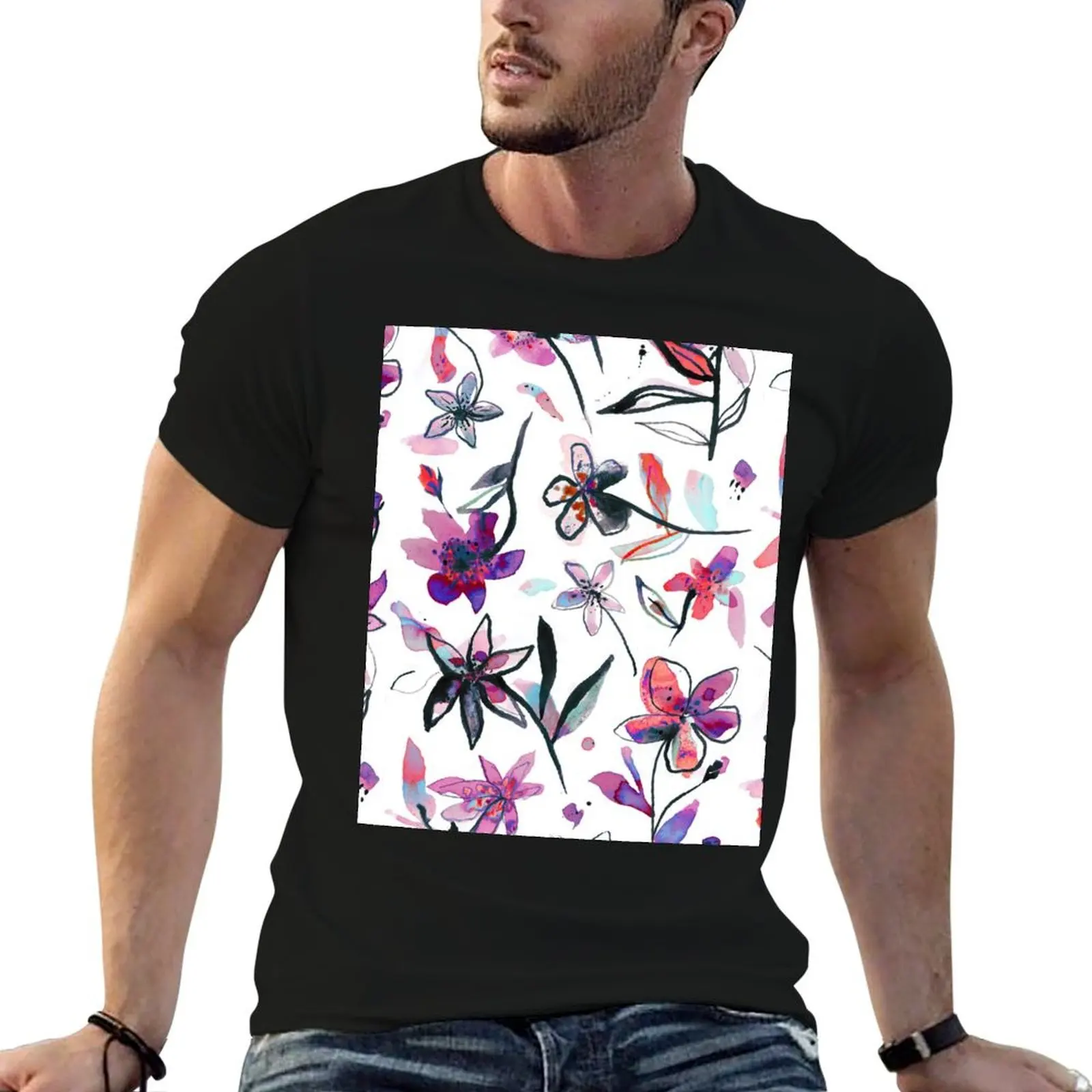 

Ink and watercolor flowers - Pink, mauve and purple T-Shirt plain man t shirt clothes for men