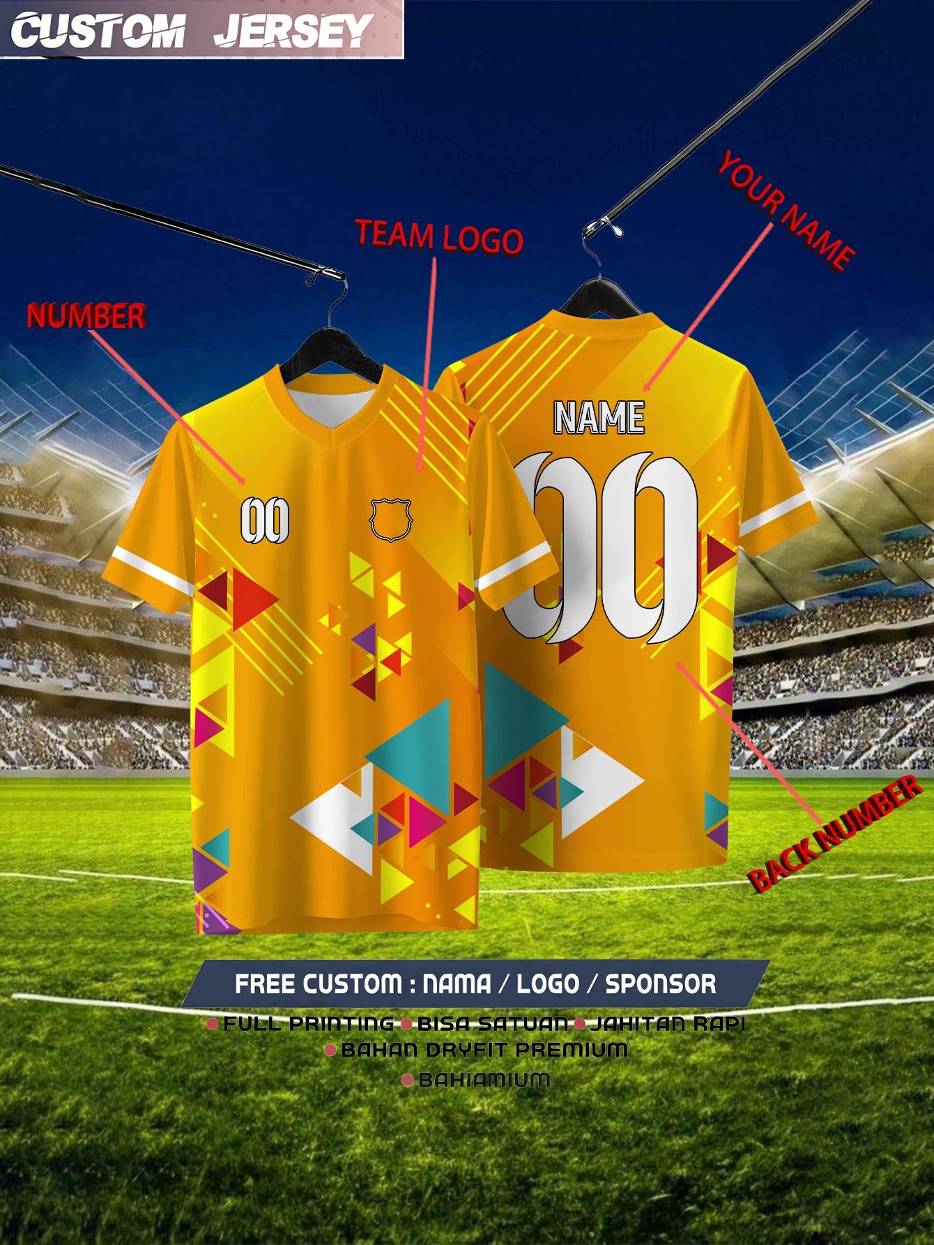 

Customized Geometric Orange Short Sleeved Shirt with Team Name, Emblem, Name and Number, Outdoor Sports Short Sleeved T-shirt