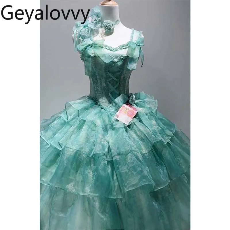 Zielona Lolita Sukienka Wieczorowa Długa z Wysokim Stanem, Dopasowana, Letnia Słodka Dziewczęca Sukienka na Urodziny, Super Wróżkowa Sukienka Księżniczki z Kokardą