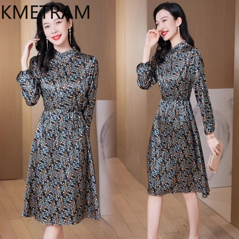 KMETRAM 91.2% Mulberry Silk Dress Women Elegant Party Midi Dresses Female Spring Summer Long Sleeve Dresses Women Clothing 원피스