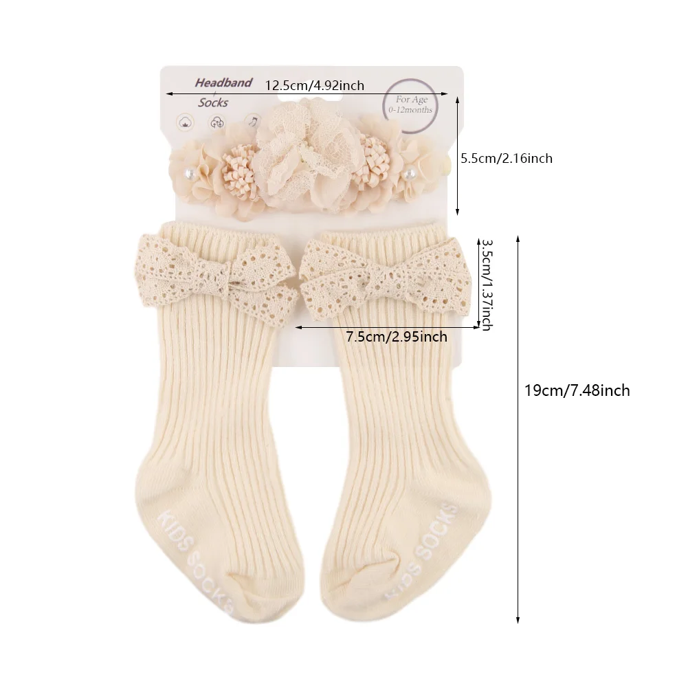 3Pcs/Set Ins Cream Latte Flower Headbands with Ribbed Socks for Baby Girls Boutique Flower Anti-Slip Short Cotton 0-12M Sock