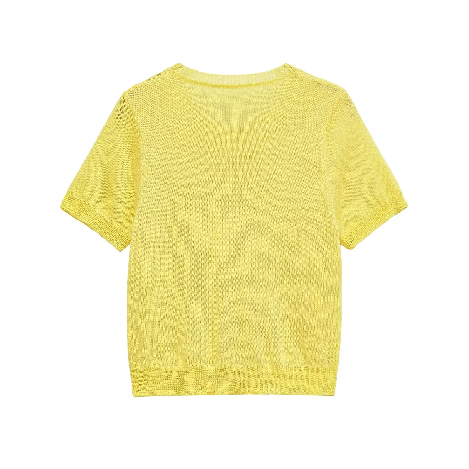 Dave&Di British Style Fashion Office Ladies Bow Button Yellow Short-sleeved T-shirt Summer Sweater For Women
