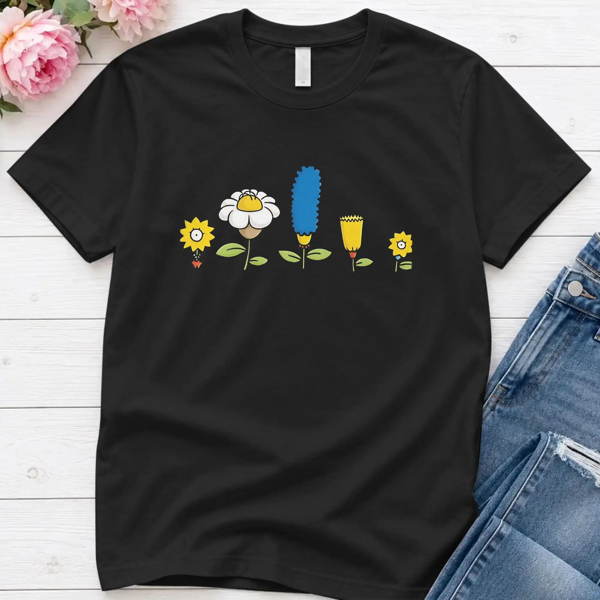 Men's T-Shirts Flowers Springfield City Characters Cartoon Boxy Pure Cotton Tee Shirt Simpsons T Shirt Round Neck Tops Plus Size