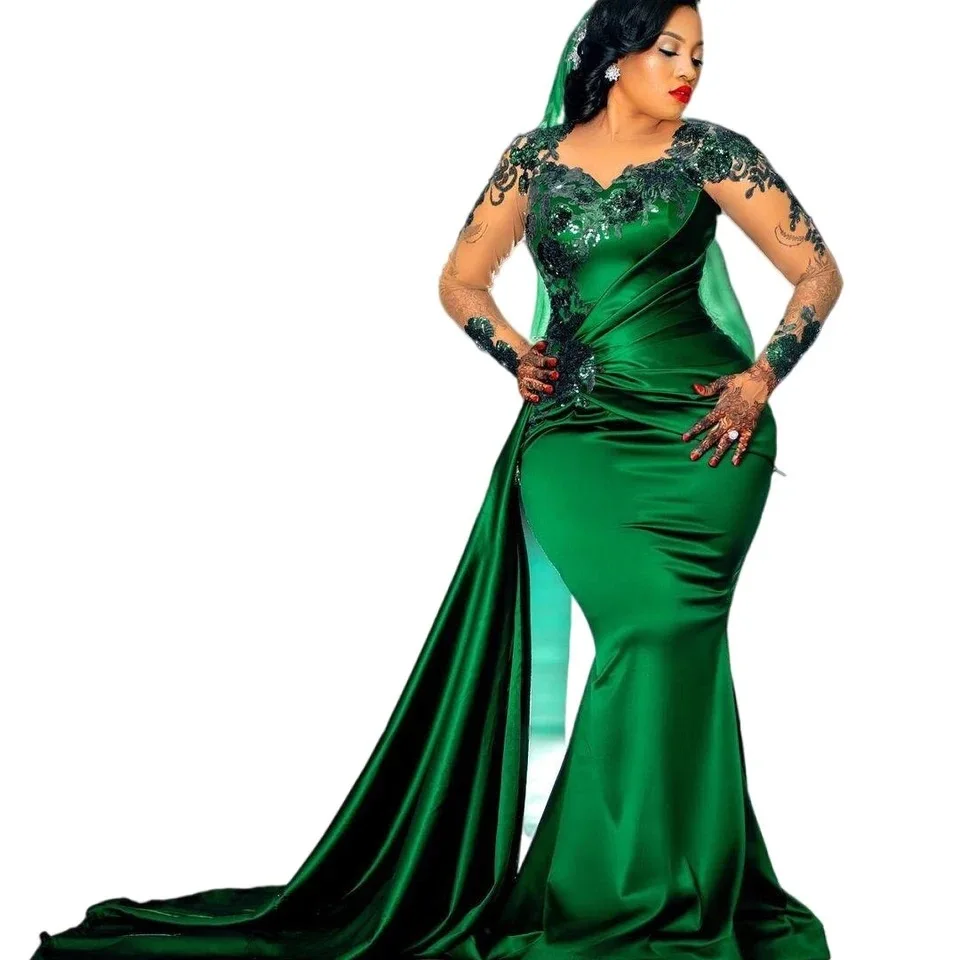 Vestido de noche verde de lujo árabe de Dubái, vestidos de baile de sirena con escote corazón, con lentejuelas vestido plisado, manga larga, tren lateral