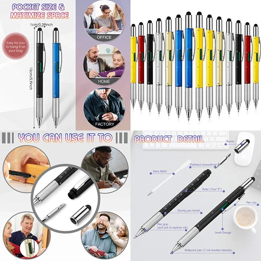 

30 шт., ручка для инструментов, многофункциональный инструмент 6-в-1, техническая ручка для инструментов с линейкой, шариковая ручка, стилус, отвертка и шлицевой винт