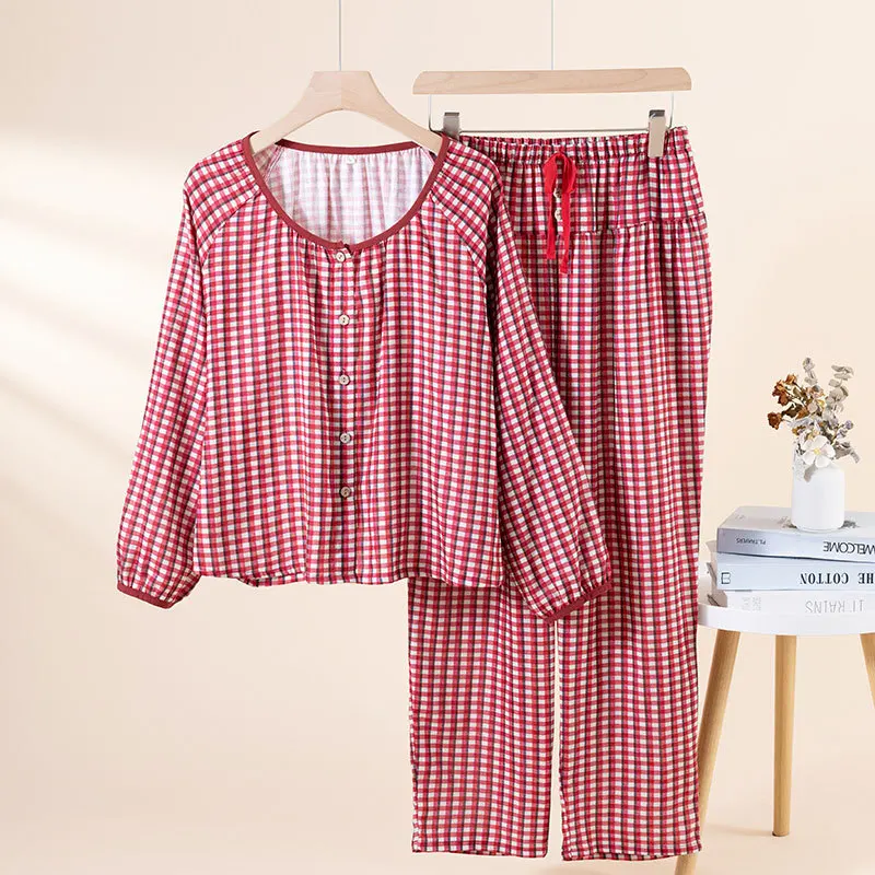 

Spring Plaid Design Cotton Pajamas Clothes for Women Korean Fashion Style Loose Size 2 Pcs Long Sleeve Long Pants Clothes