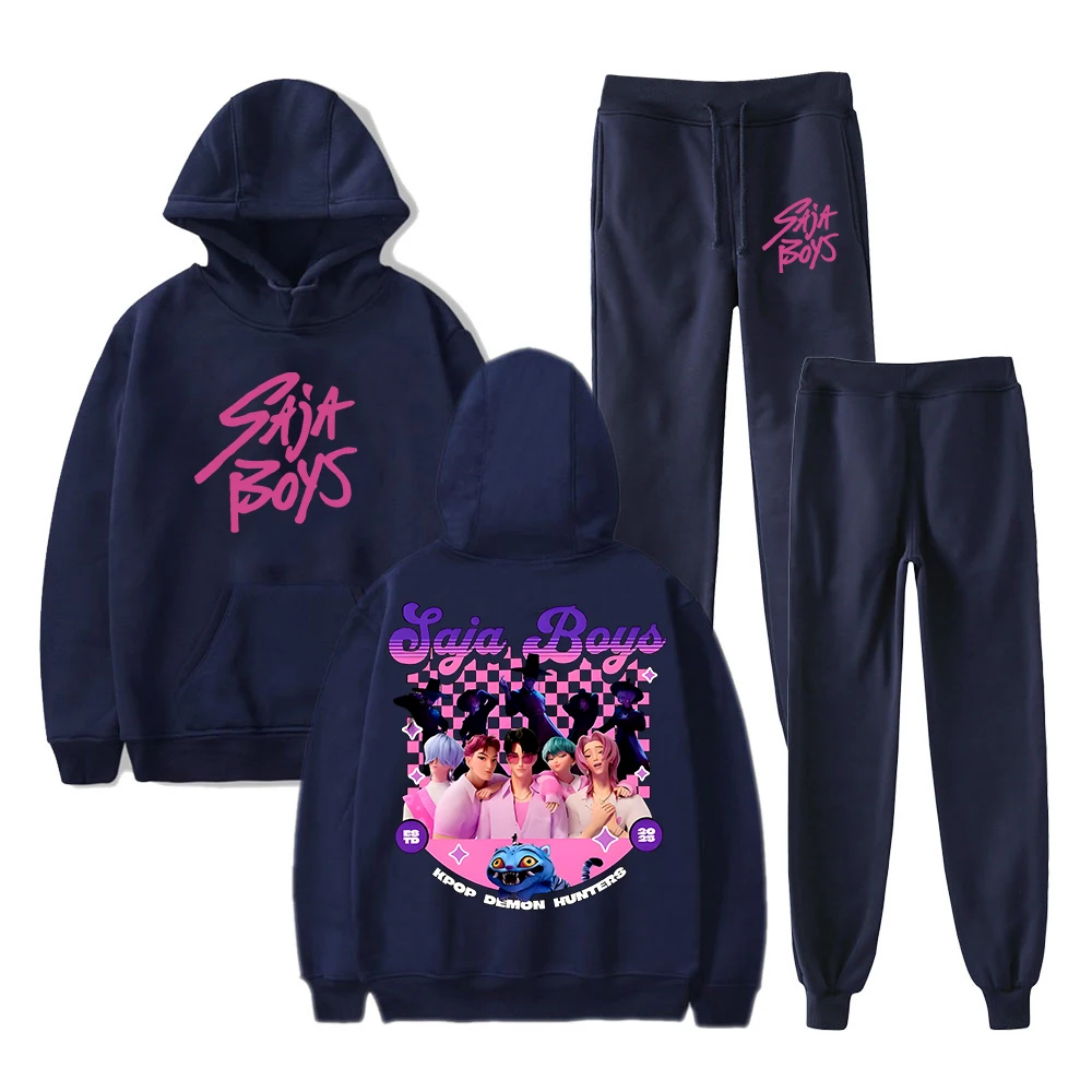 Dibujos animados KPop Demon Hunters Saja Boys Merch sudaderas con capucha Jogger pantalones conjunto de dos piezas sudaderas + pantalones de chándal hombres mujeres conjuntos de trajes