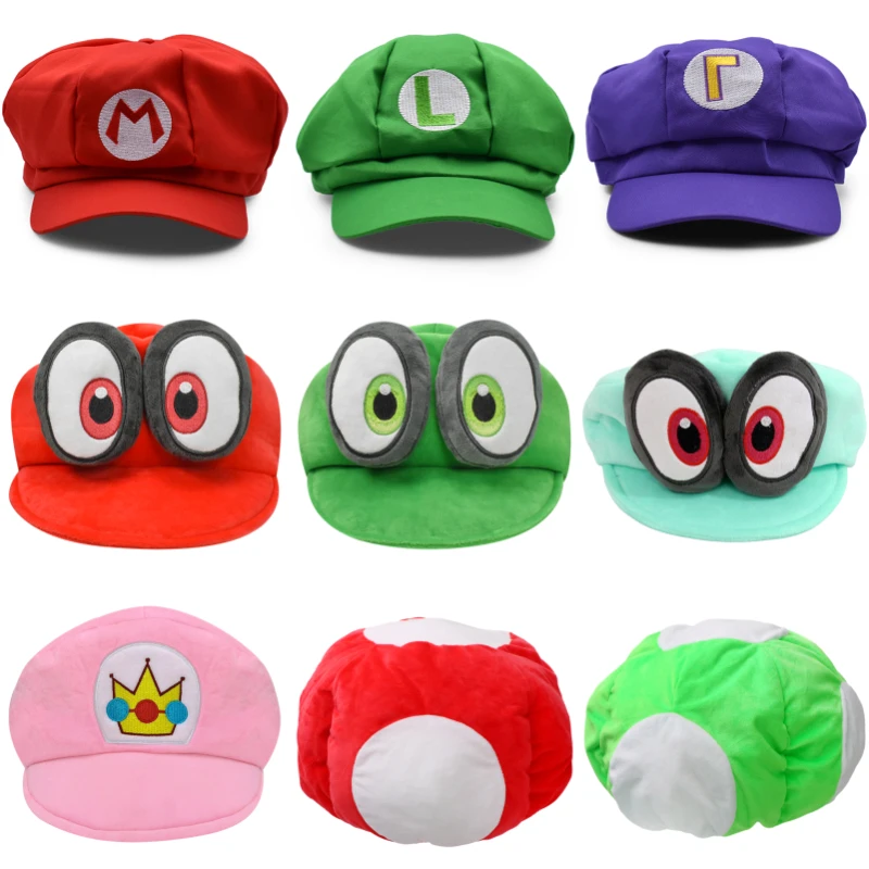 

Kawaii Mario Luigi Bros Cappy Princess Peach Soft Plush Hats Waluigi Wario Mushroom Anime Peripherals Baseball Cap Kids Adults