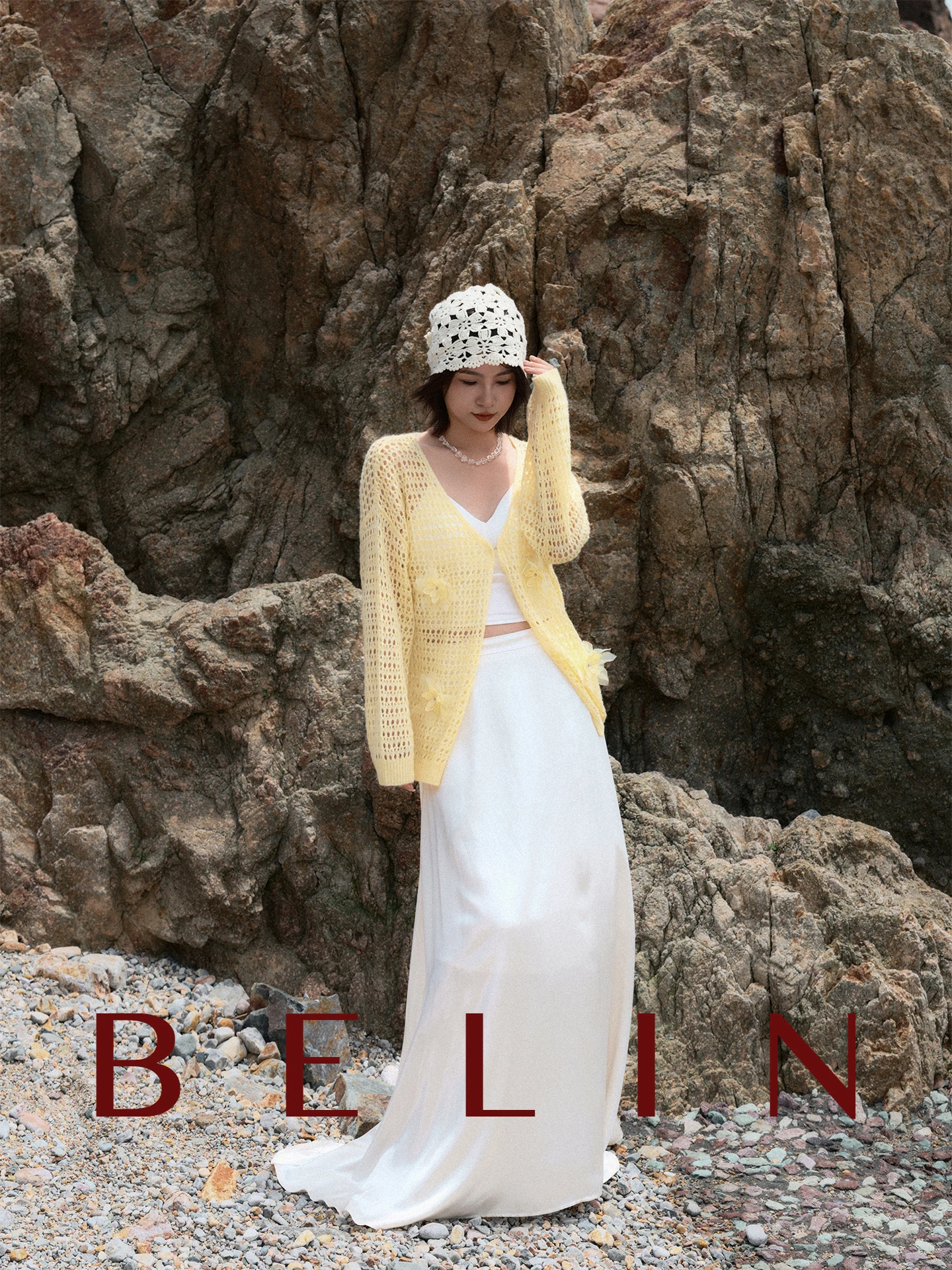 

Вязаный кардиган Belin из шерсти с ажурным узором, 3D цветами и элементами из верблюжьей шерсти, женский, свободного кроя, для повседневной носки, длинный рукав, V-образный вырез