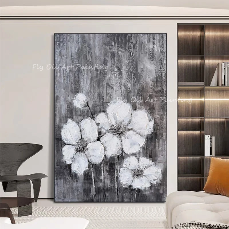 

Landscape white flower grey scenery oil painting on canvas Handmade ModernTextured painting abstract painting gift