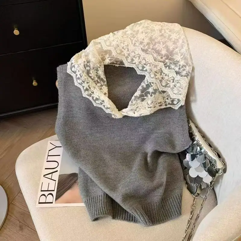 Gray Lace Hooded Vest 2026 New Sleeveless Top New Fashionable Super Beautiful Splicing Solid Color Wool Blend Knit Sweater White