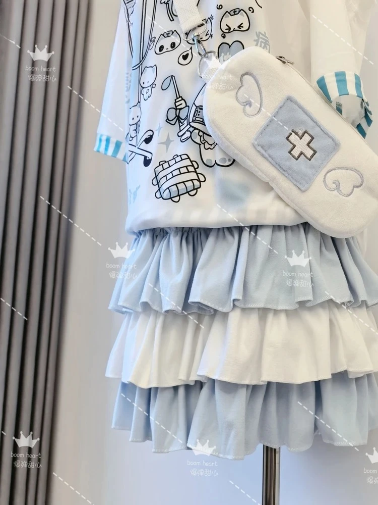 

Full Set Water Color System Japanese Mines Sweet Cute Girl Print Short-sleeved T-shirt and Cake Short Skirt Hat Collar Suit