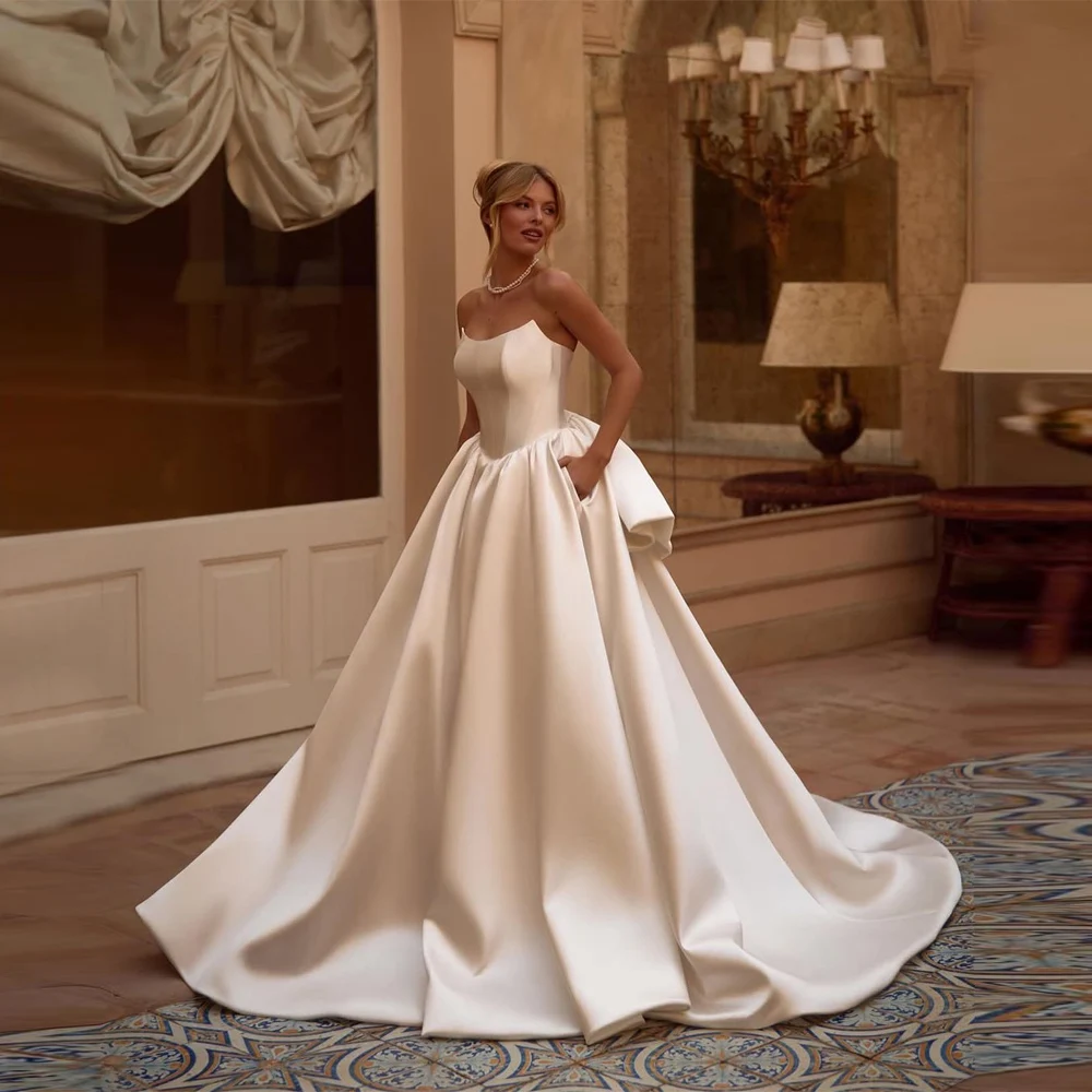 

Sweetheart Collar Sleeveless Women Wedding Dresses Sexy A-Line Satin Bridal Gowns Graceful Mopping Length Ball Vestidos De Novia