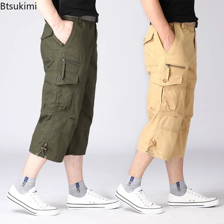 New Men's Cargo Shorts Summer Loose Casual Pants Elastic Waist Outdoor Sports Jogging Pants Cotton Multi Pockets Sweatpants Male