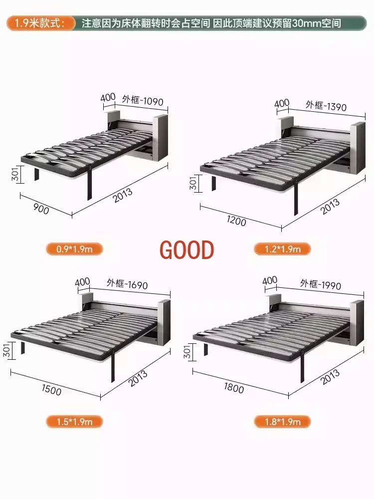 Cama de pared multifuncional, cama plegable Easy Flip Murphy