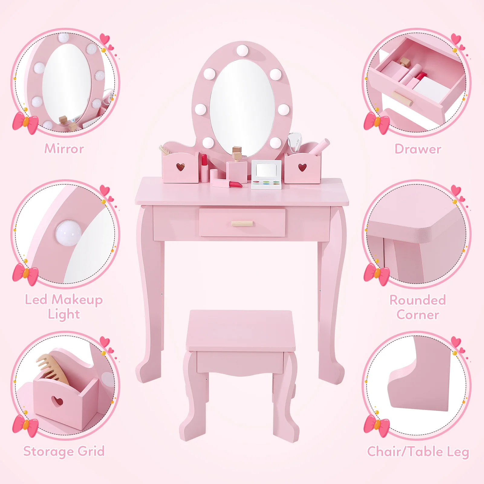 Girls' Vanity Table and Chair Set, Kids Makeup Dressing Table with Lights & Wood Makeup Playset, Kids Vanity Set with Mirror