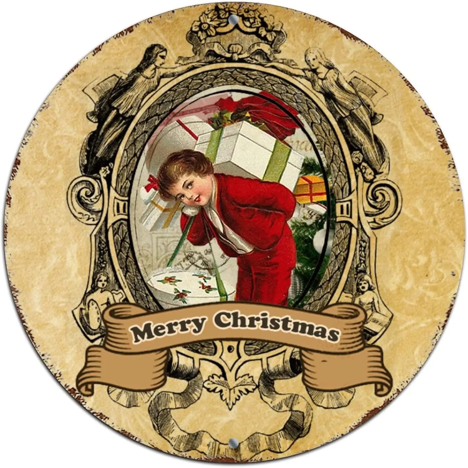 Merry Christmas Sign Victorian Style Vintage Santa Claus Round Metal Tin Sign Christmas Joy Decor Shabby Metal Sign for Home Kit