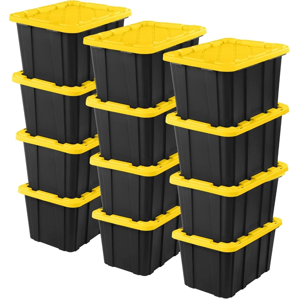 Industrial Storage Tote with Lids for Garage 27 Gallon 12 Pack