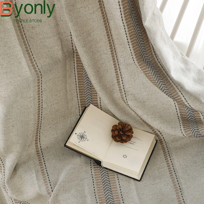 New Artistic Linen Vertical Stripe Jacquard Thickened Curtains for Living Room Bedroom Study French Window Customization
