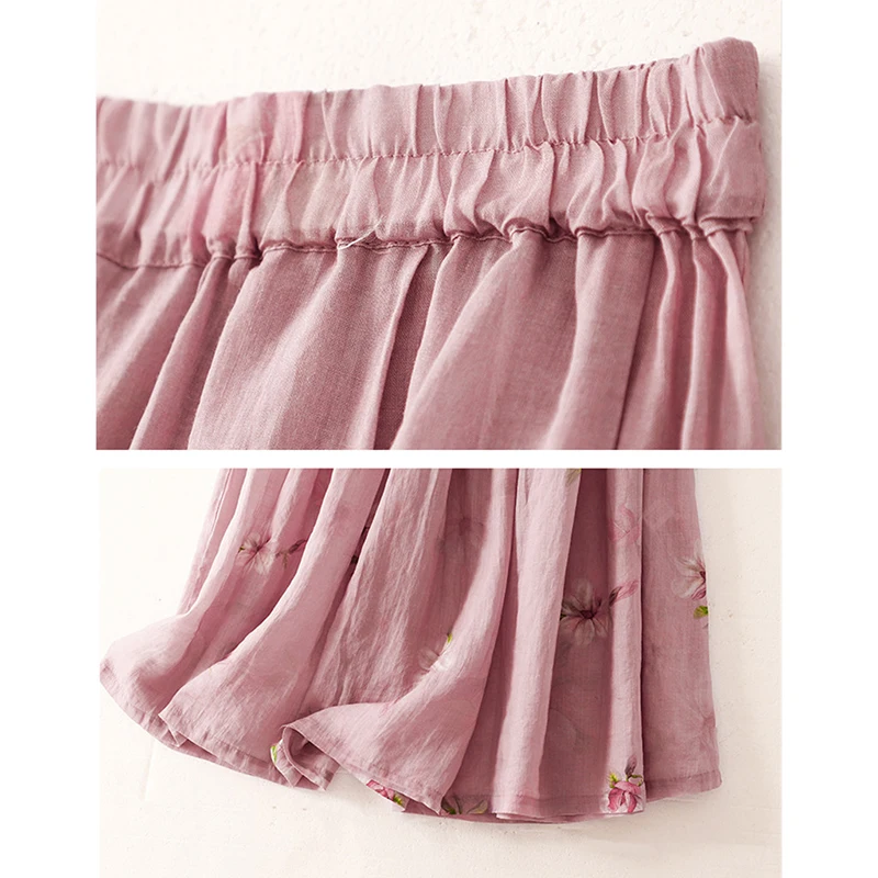 Summer Ethnic Pink Flower Printed Skirt Women Draping Large Swing Elastic Waist Long Skirts Thin Soft Linen Skirt