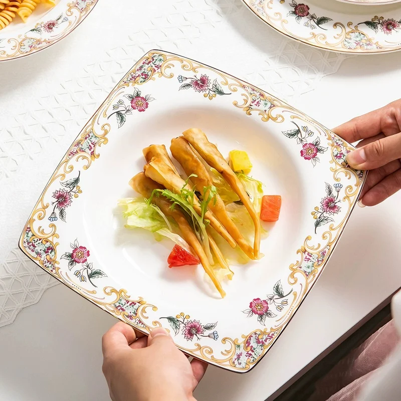 4pcs set, 9inch, fine bone china chafing dish, porcelain table plates serving dishes, ceramic french tableware, kitchen dishes