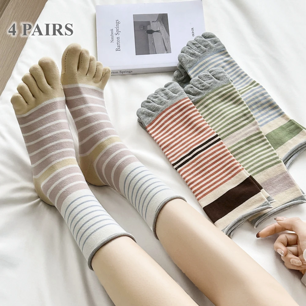 

4 пары полосатых носков с пальцами для женщин, милые носки с пятью пальцами, женские носки в японском стиле кавайи, весна-осень