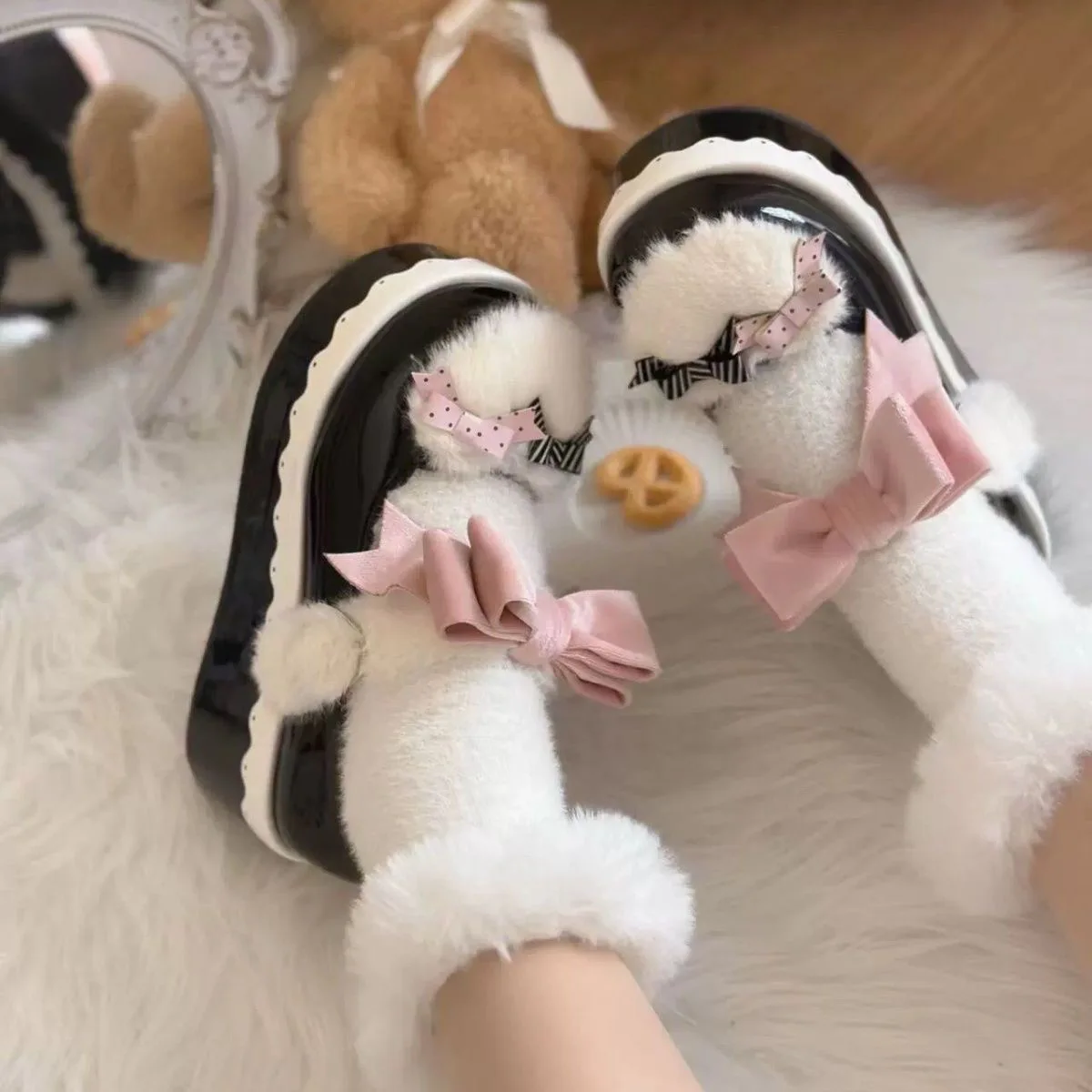 

Lolita Cute Bow Shoes Japanese Sweet Girl Leather Shoes Sponge Cake Bottom Cos Lolita Girls' Tea Party Lo Shoes