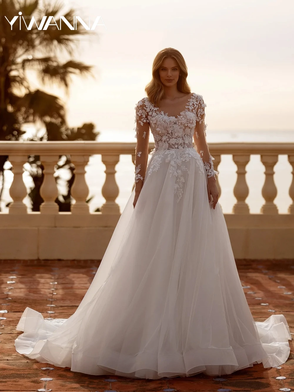 

Graceful Lace Appliques 3D Flower Wedding Dress Classic Oneck Long Sleeve Bridal Gown Customized A-line Tulle Dresses For Bride